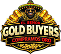 Logo de Gold Buyers con hombre sonriente, sombrero, barras y monedas de oro; texto “EL SEÑOR COMPRAMOS ORO”