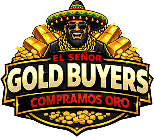 Logo de Gold Buyers: hombre con sombrero y gafas, oro brillante y texto “EL SEÑOR GOLD BUYERS, COMPRAMOS ORO”.