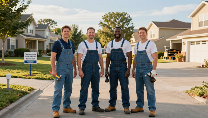Four workers in overalls stand smiling on a suburban street in front of new houses.