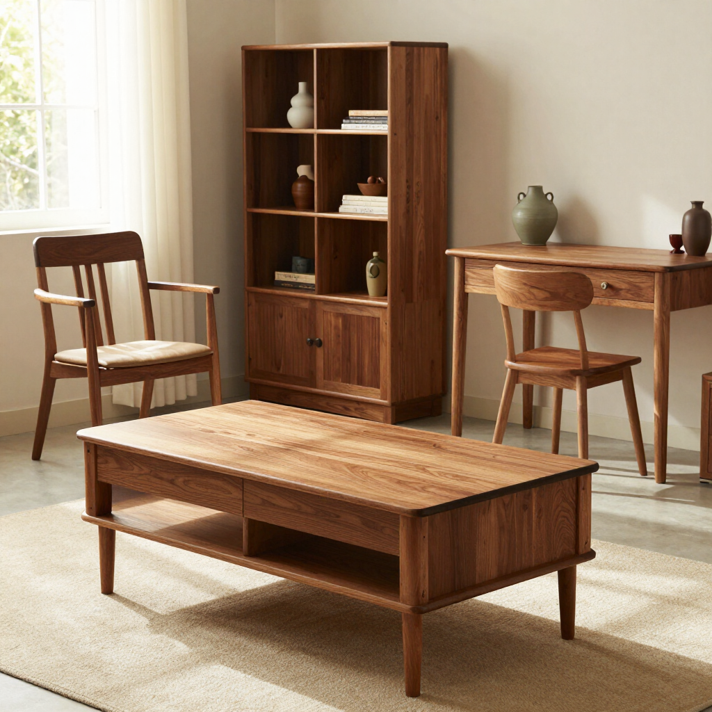Wooden living room set with coffee table, chairs, sideboard, and shelving in a bright minimalist interior