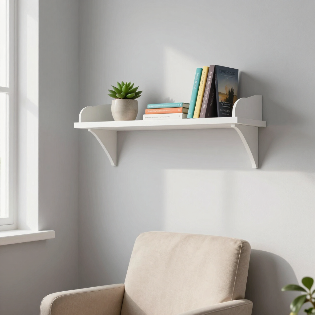 Minimalist room corner with a white wall shelf, small plant, books, and a beige chair by a window.