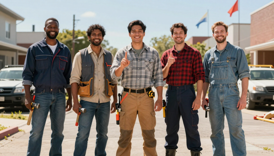 Five people standing outdoors in a sunny urban street, smiling at the camera.
