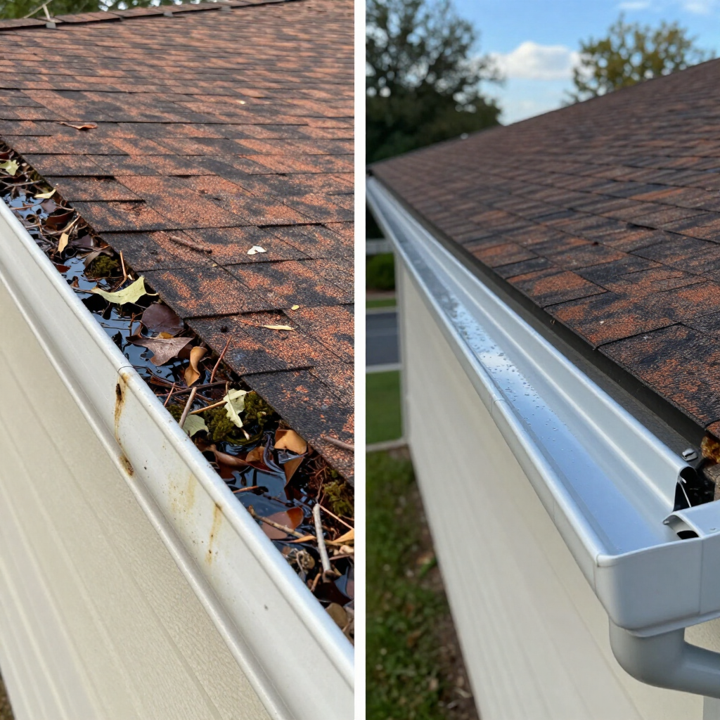 Two roof and gutter views, one clogged with debris and one clean after repair.