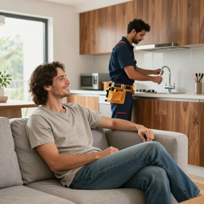 Man sitting on a sofa while a man works at the kitchen sink in a bright modern apartment
