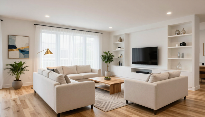 Bright modern living room with beige sofas, coffee table, wall-mounted TV, and large windows.
