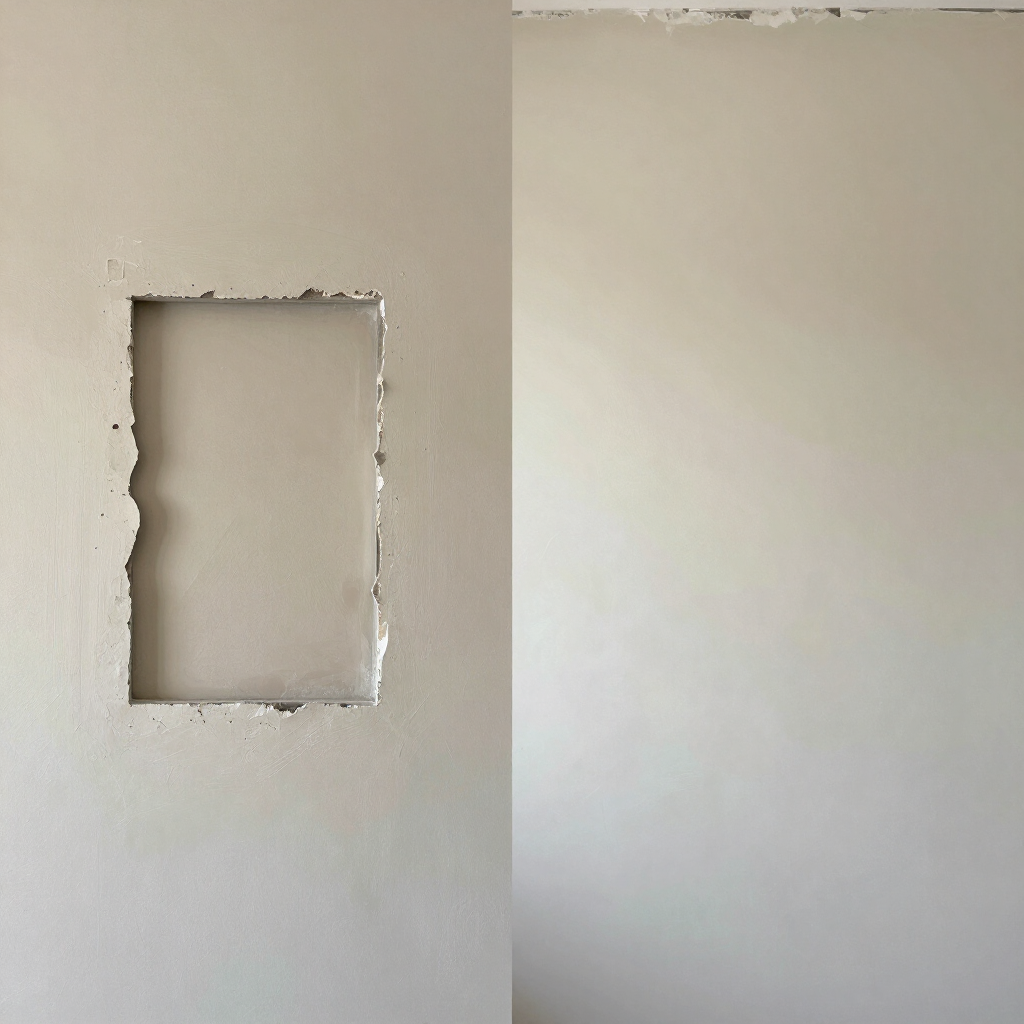White interior wall with a rough rectangular hole cut out near the left side.