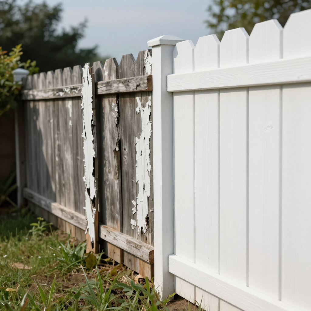 Weathered wooden fence beside a white vinyl fence in a grassy yard.