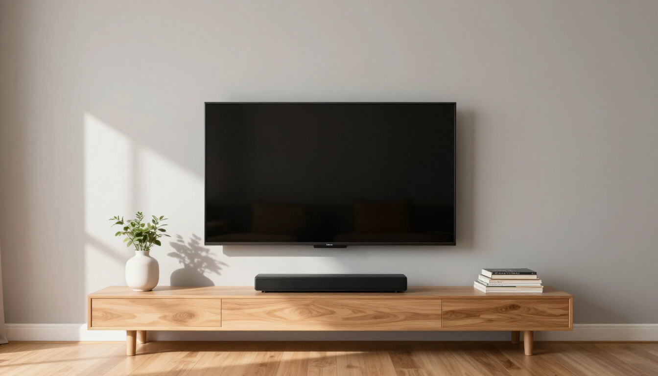Minimalist living room with wall-mounted TV above a wooden console, decor, and a potted plant near a sunlit window