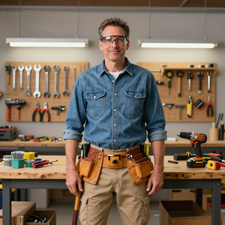 Person in a workshop, holding a tool belt, with tools on the wall and a workbench behind them.
