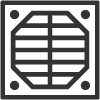 A black and white icon of a fan on a white background.