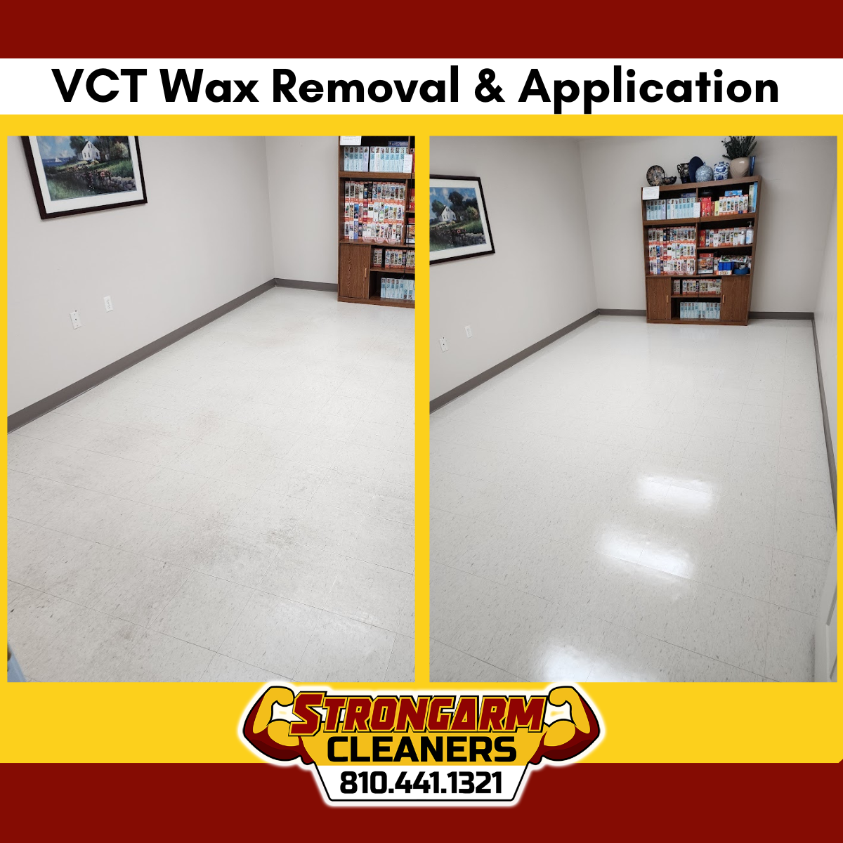 Before-and-after of cleaned white VCT floor in a room, showing wax removal and application results.