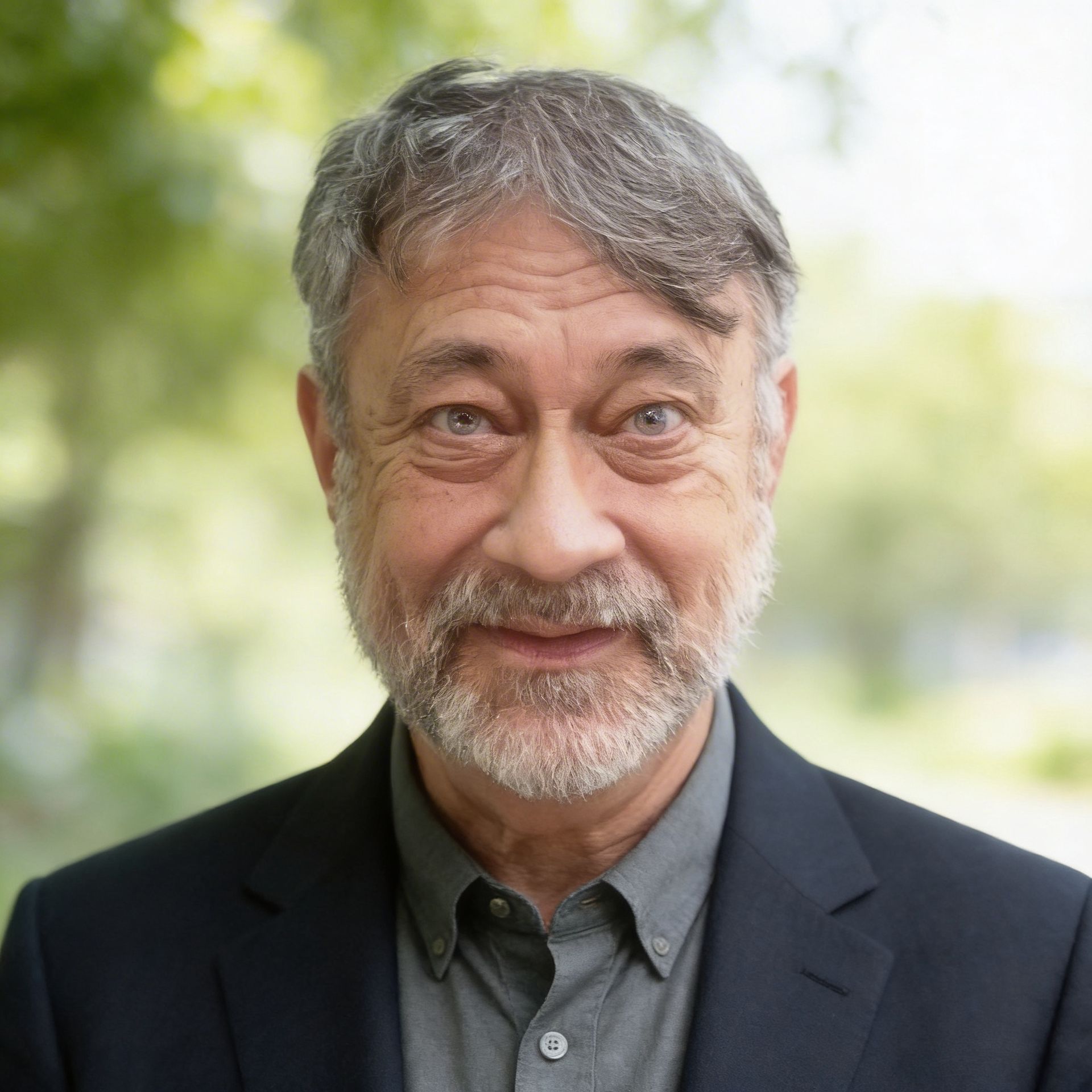 Smiling man with gray hair and beard, wearing a dark blazer and gray shirt, outdoors.