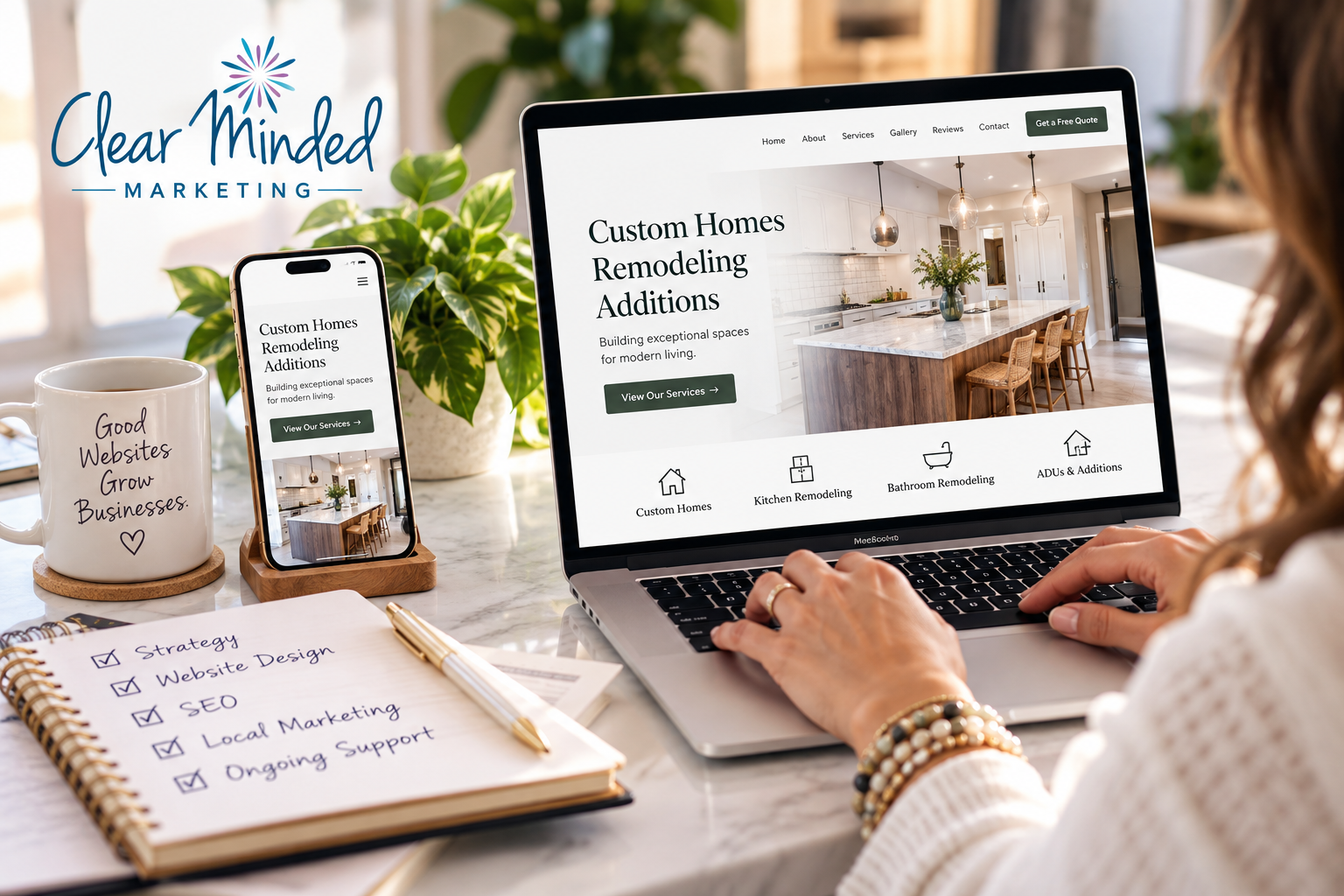 Clear Minded Marketing website design workspace showing a professional website on desktop and mobile