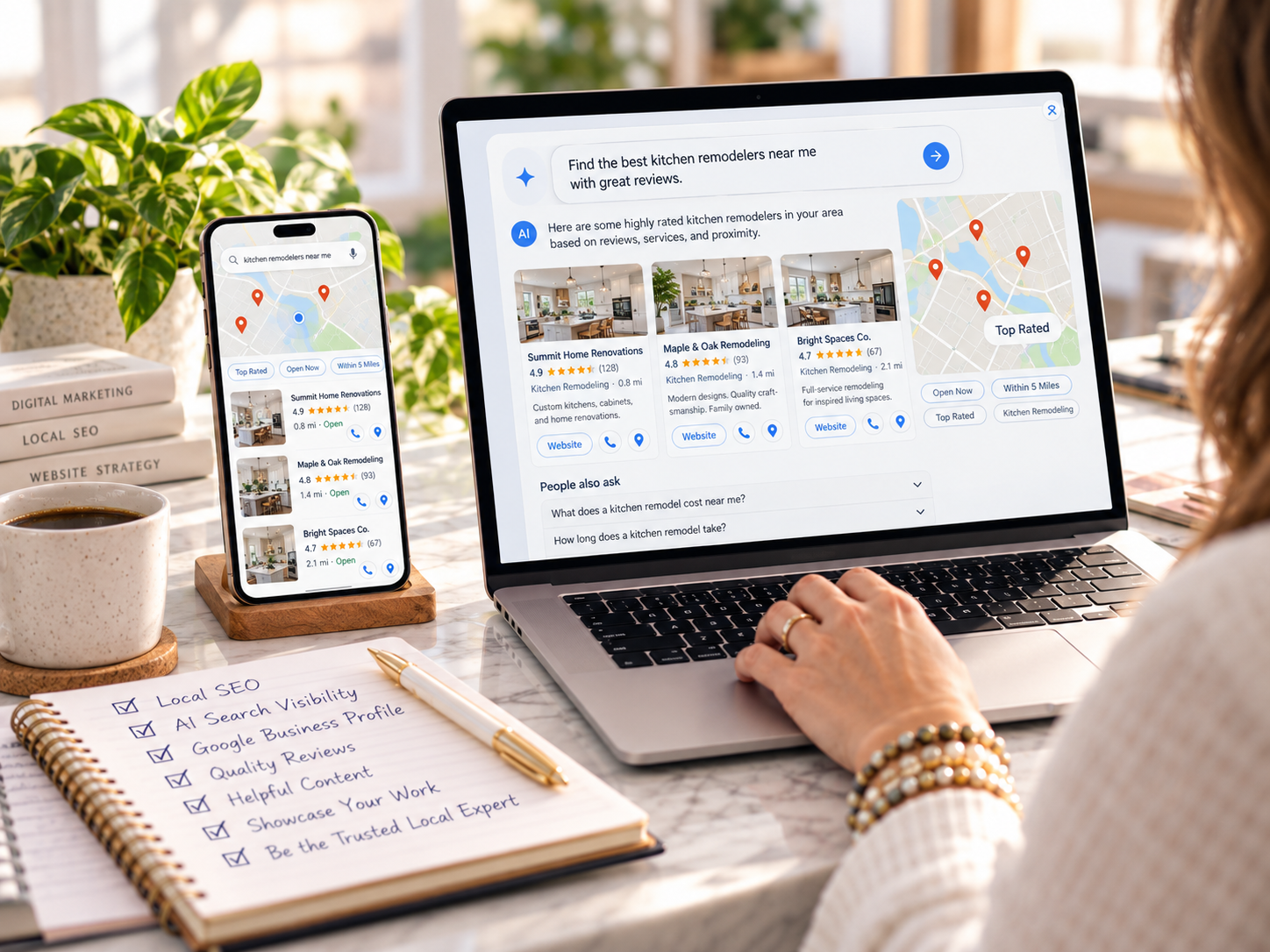 AI-powered local search results displayed on laptop and phone for local business marketing
