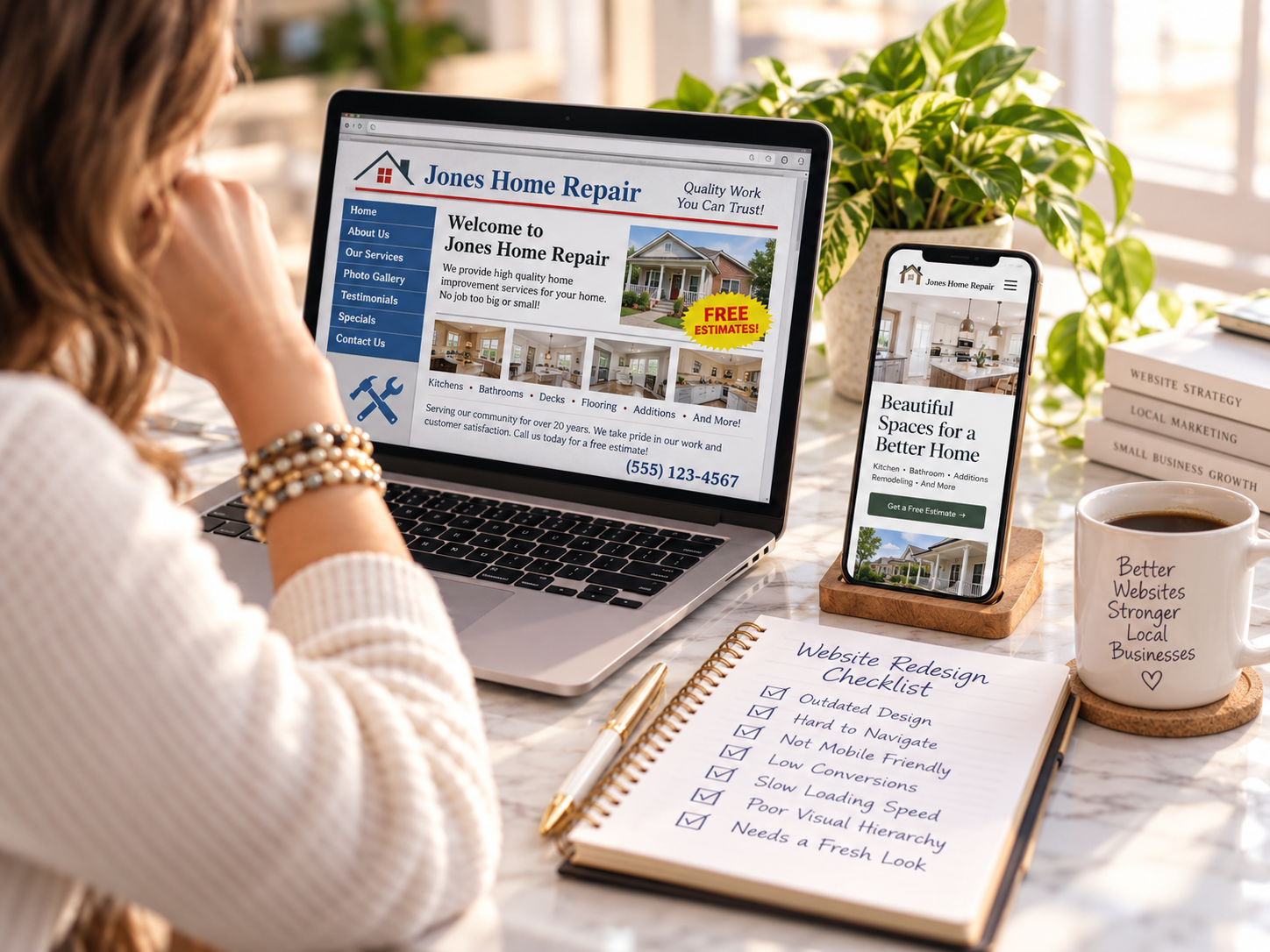 Website redesign example showing an outdated desktop site beside a modern mobile-friendly website
