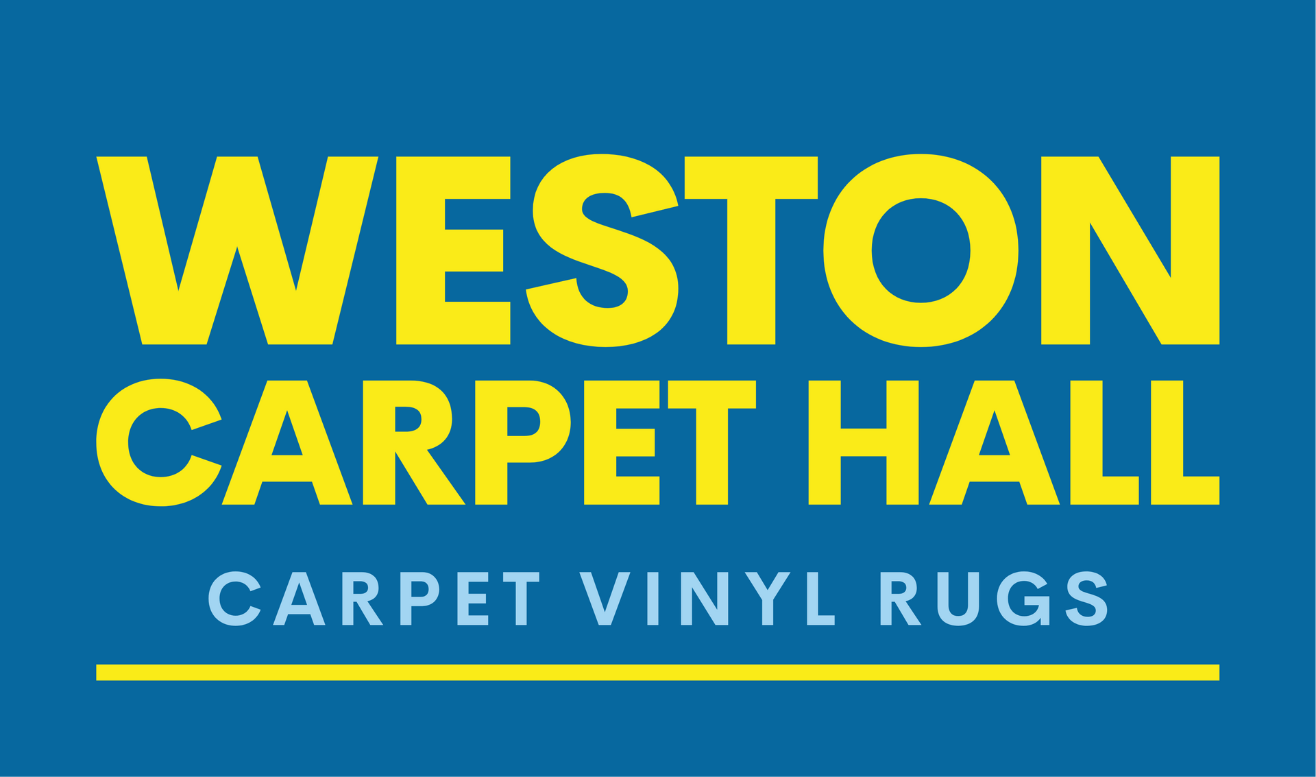 Logo for Weston Carpet Hall, text in yellow on blue background: