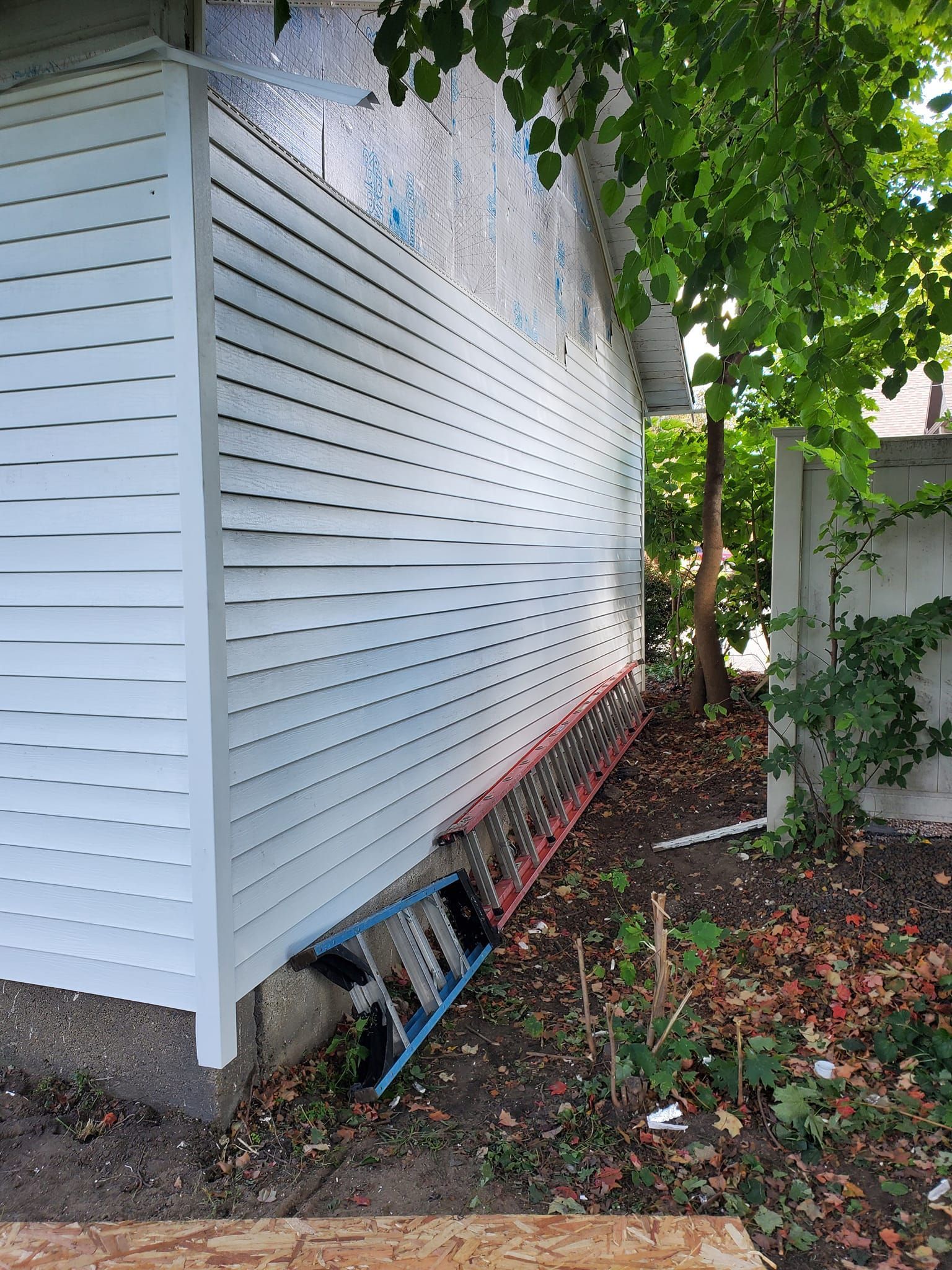 White house siding with a ladder leaning against it beside a tree and yard debris.