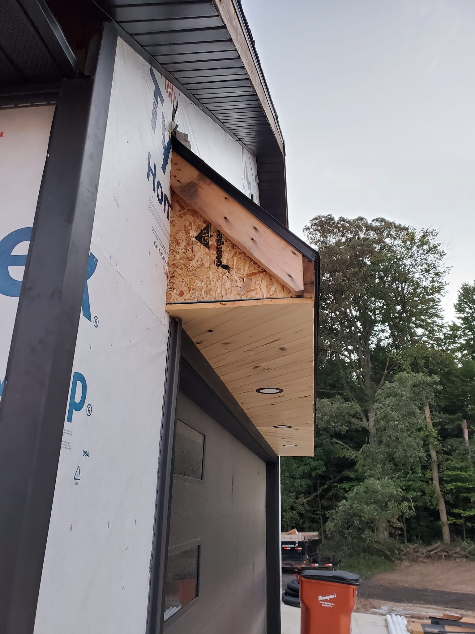 Damaged wooden awning on a building exterior, with peeling paint and trees in the background