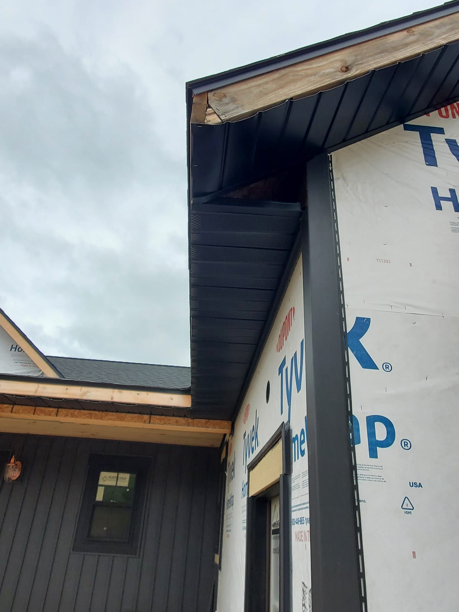 Exterior of a partially clad building with white sheathing, dark siding, and exposed roof eaves under a cloudy sky