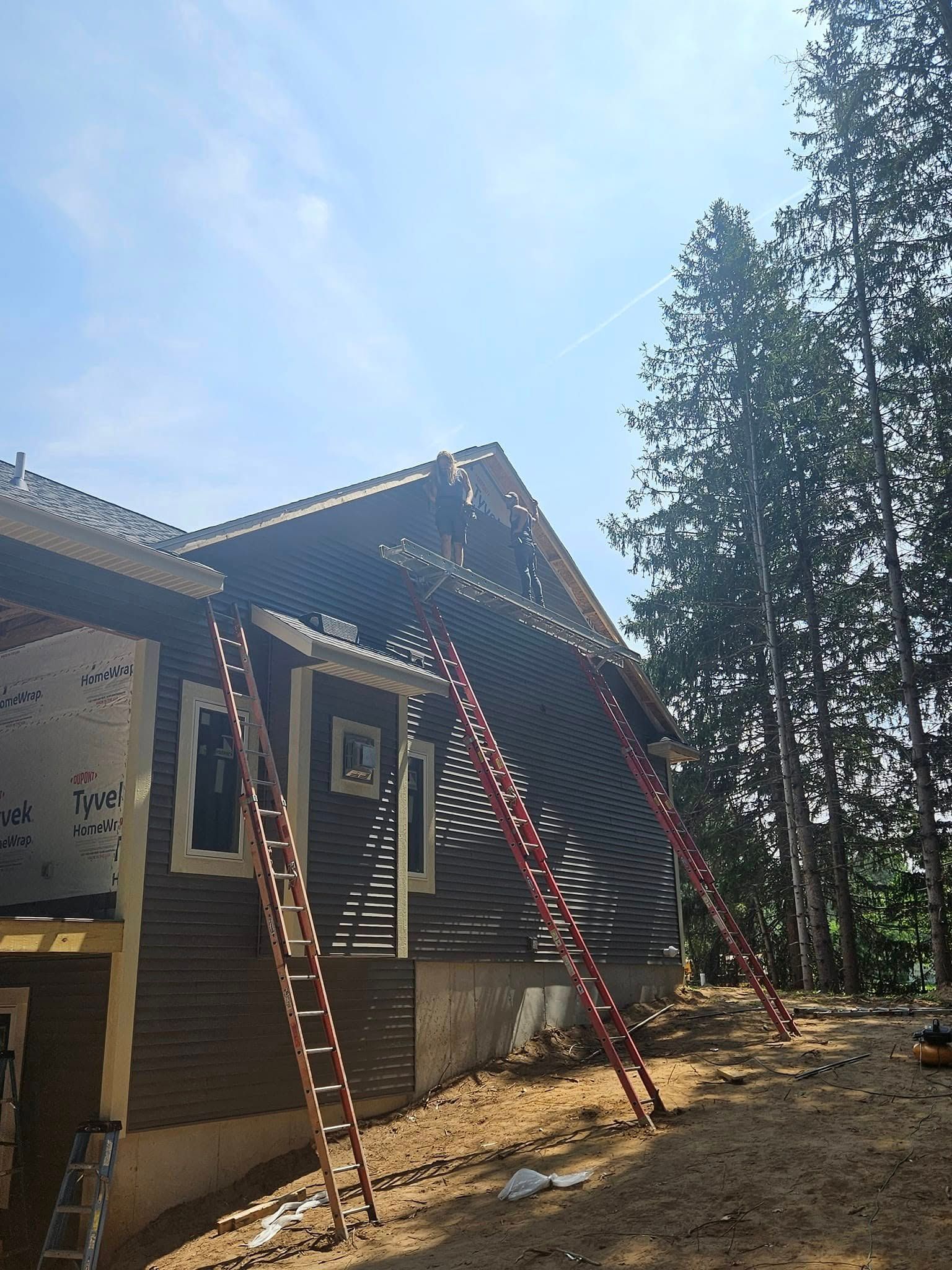 House roof under construction with ladders leaning against the eaves beside tall trees.