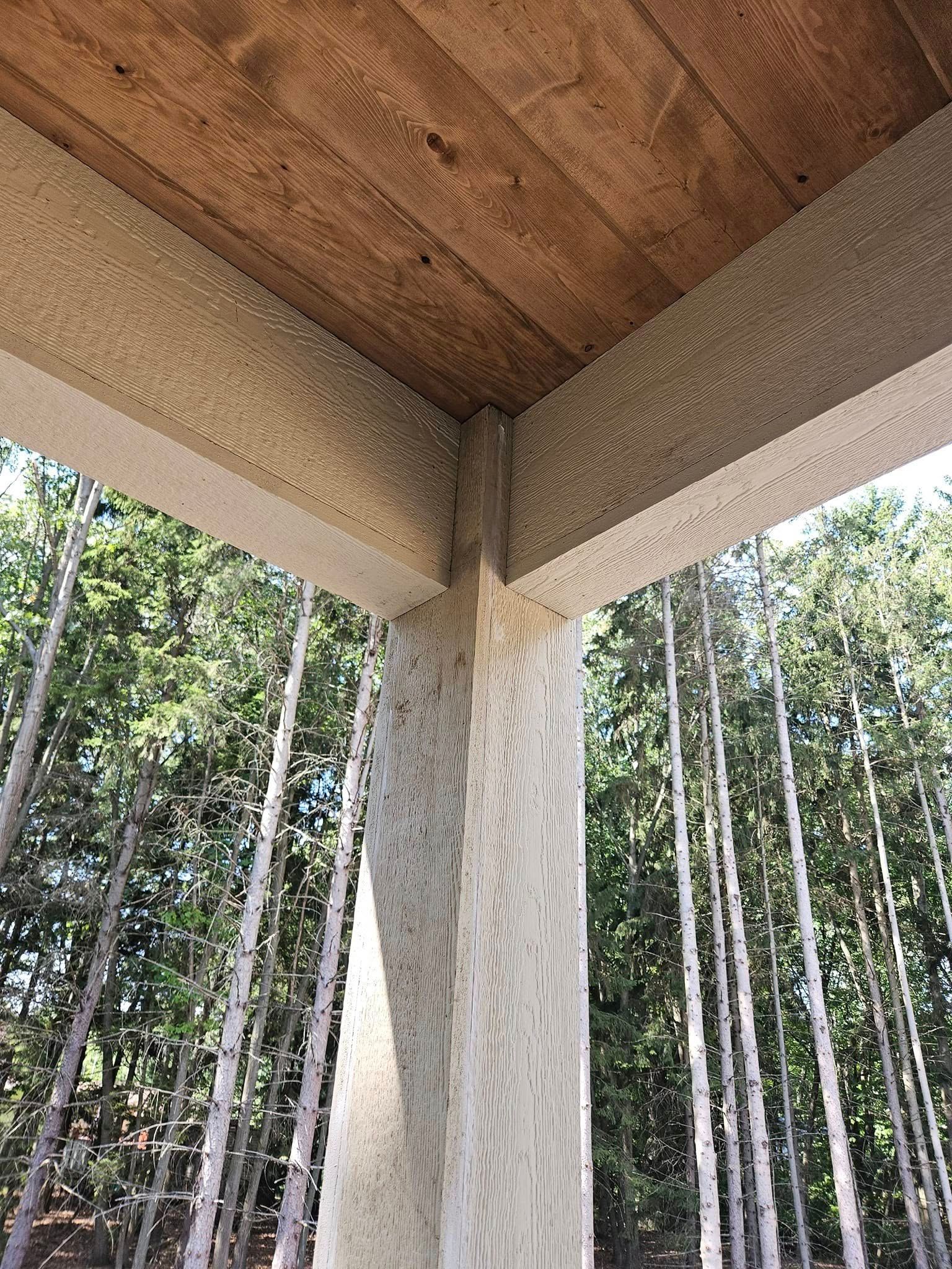 View from a concrete patio beneath a wooden roof, looking out at tall trees in a forest.