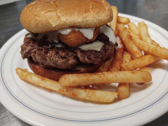 double patty burger with potato tots