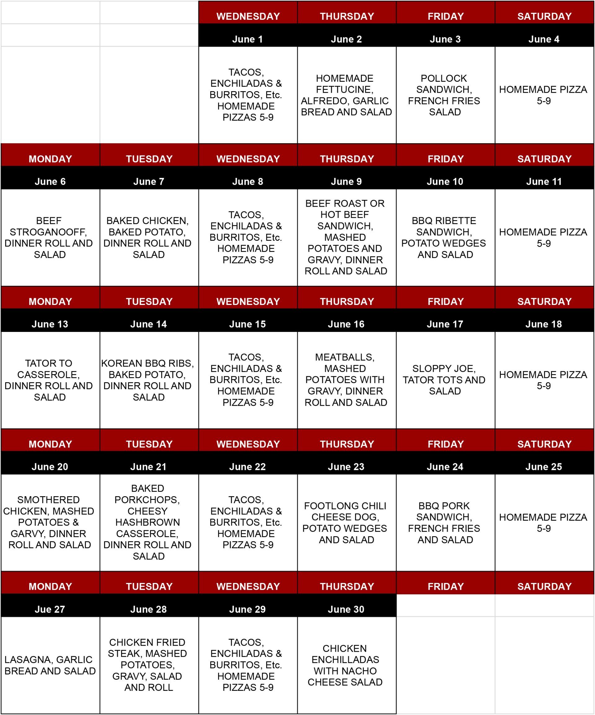 June calendar menu
