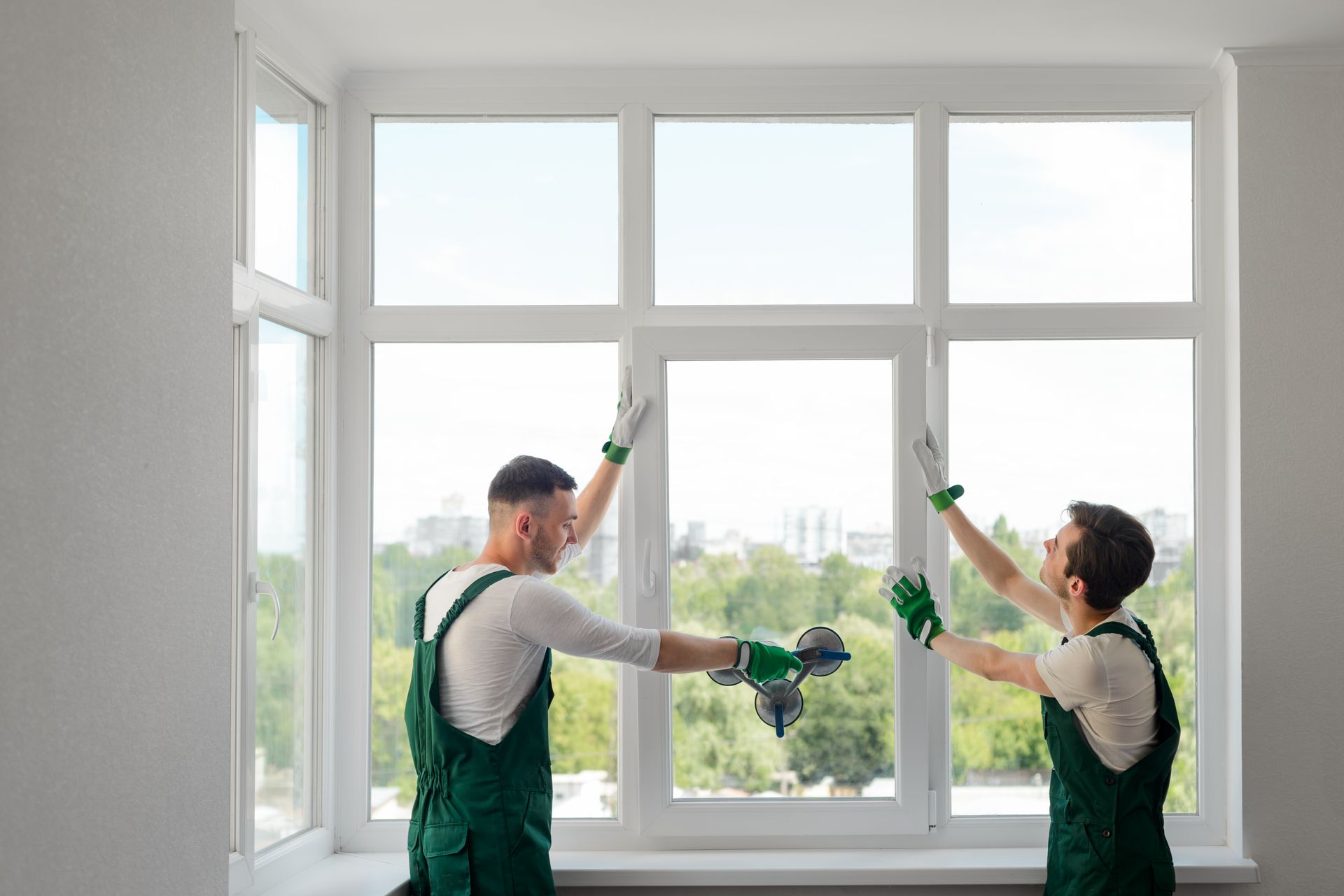 Professional male worker in protective gloves, changing a double-glazed glass window. Two technicians performing glass replacement on a large window pane.