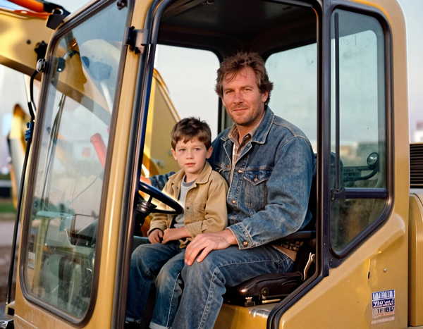 Father and son in an excavator cab