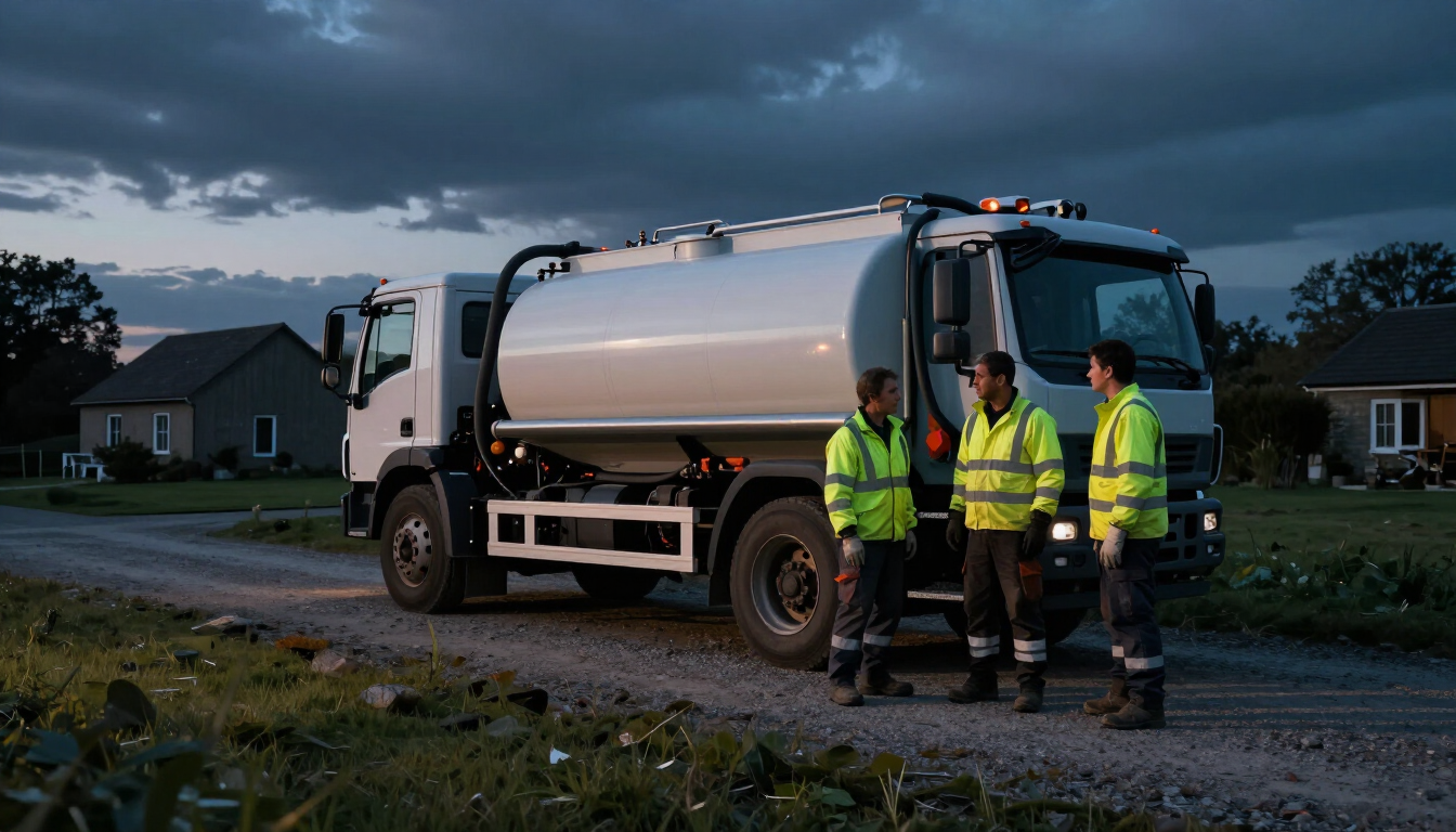 Septic pump truck at a home at dusk