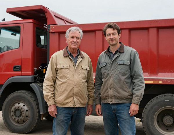 Two generations beside a red truck