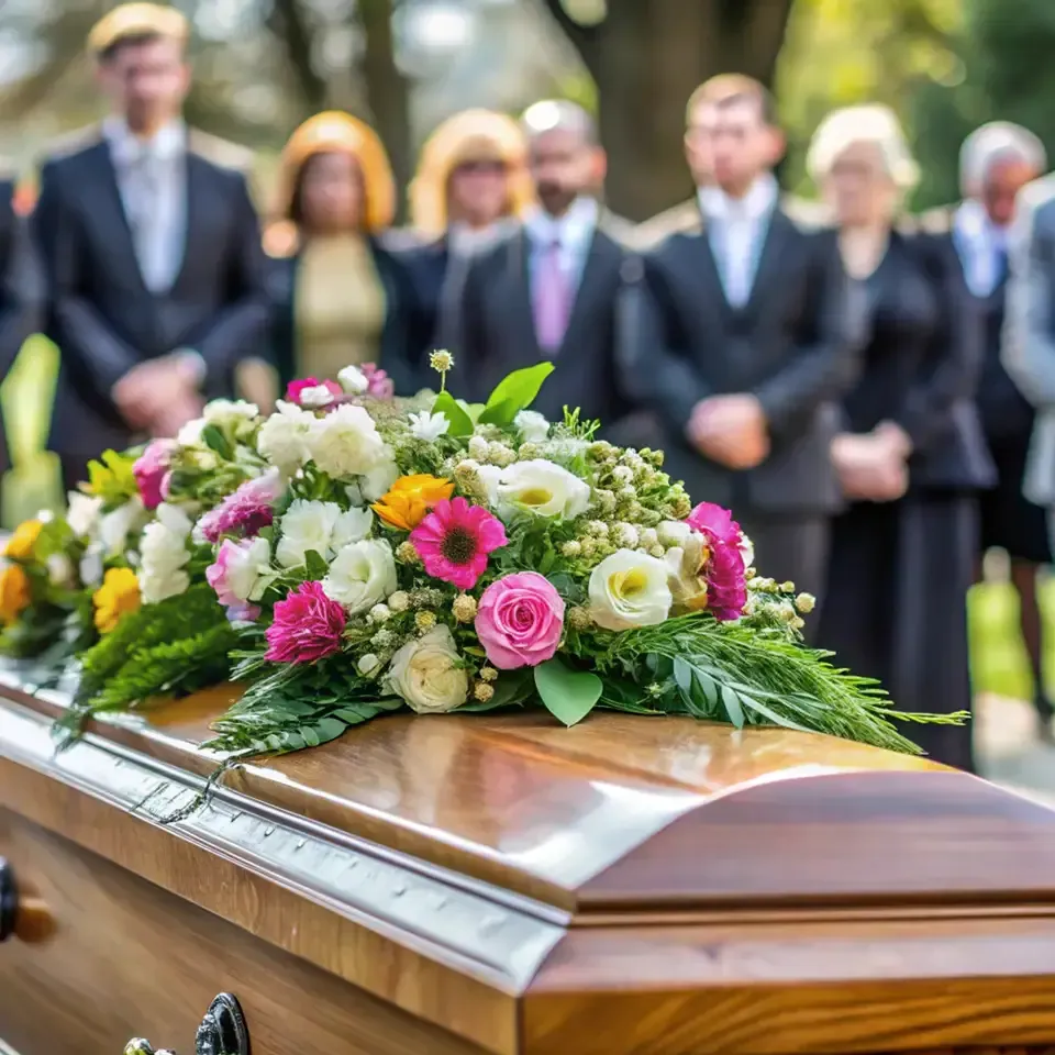 Flower-covered casket at a funeral, with mourners standing blurred in the background.