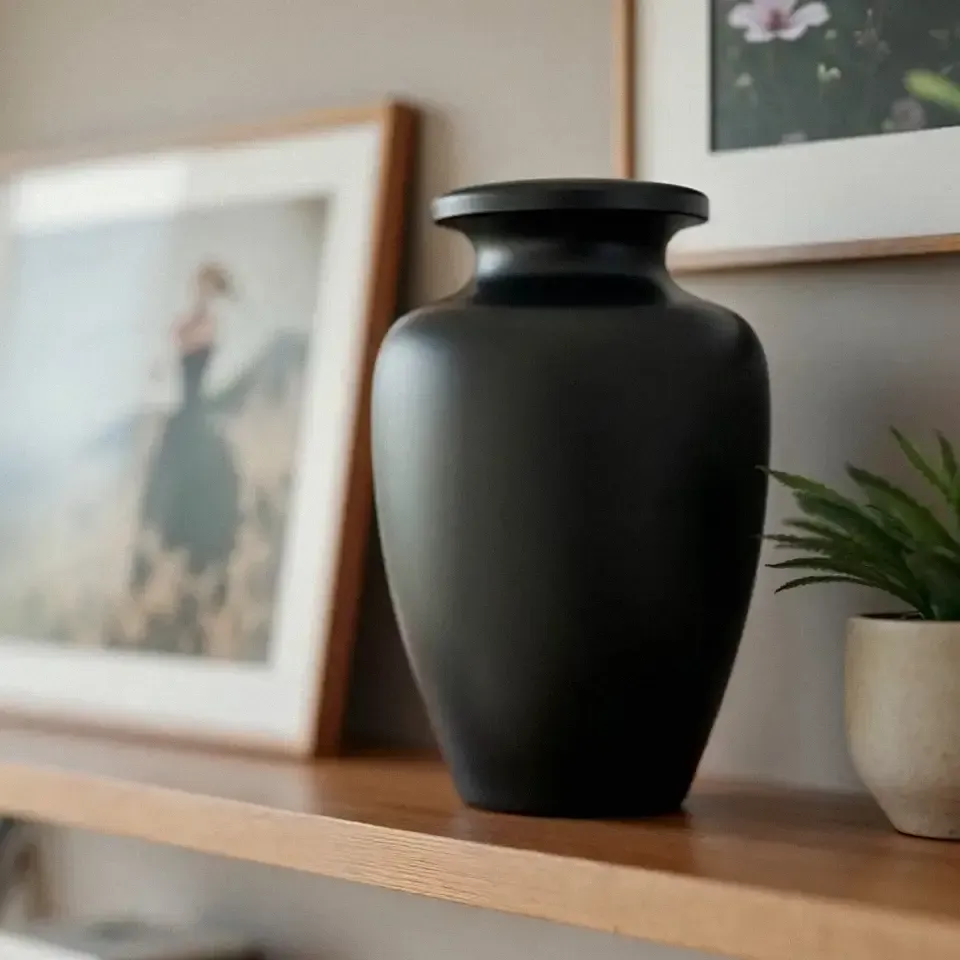 Matte black cremation urn on a wooden shelf beside framed art and a small potted plant