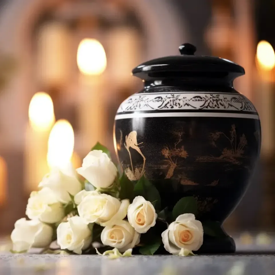 Black memorial urn with white floral band, surrounded by white roses and candlelight in a soft-focus setting