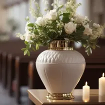 Cremation urn with flowers & candles