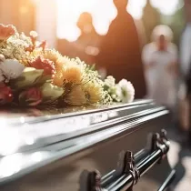 Funeral casket with flowers