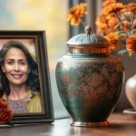 Elegant cloisonne urn on table next to framed photo