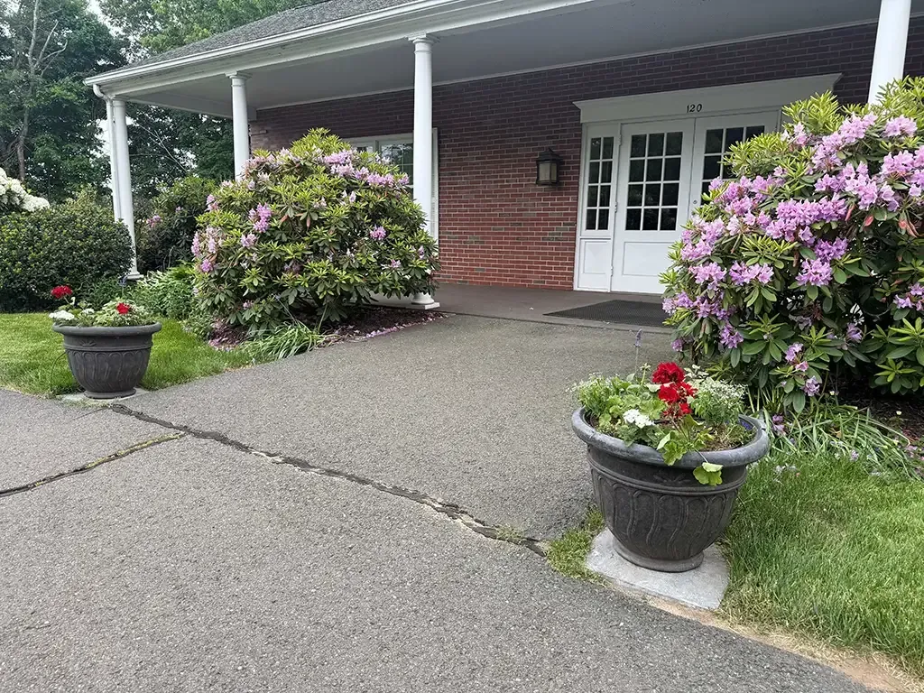 Covered entrance with brick wall, white doors, potted flowers, and blooming shrubs along a concrete walkway