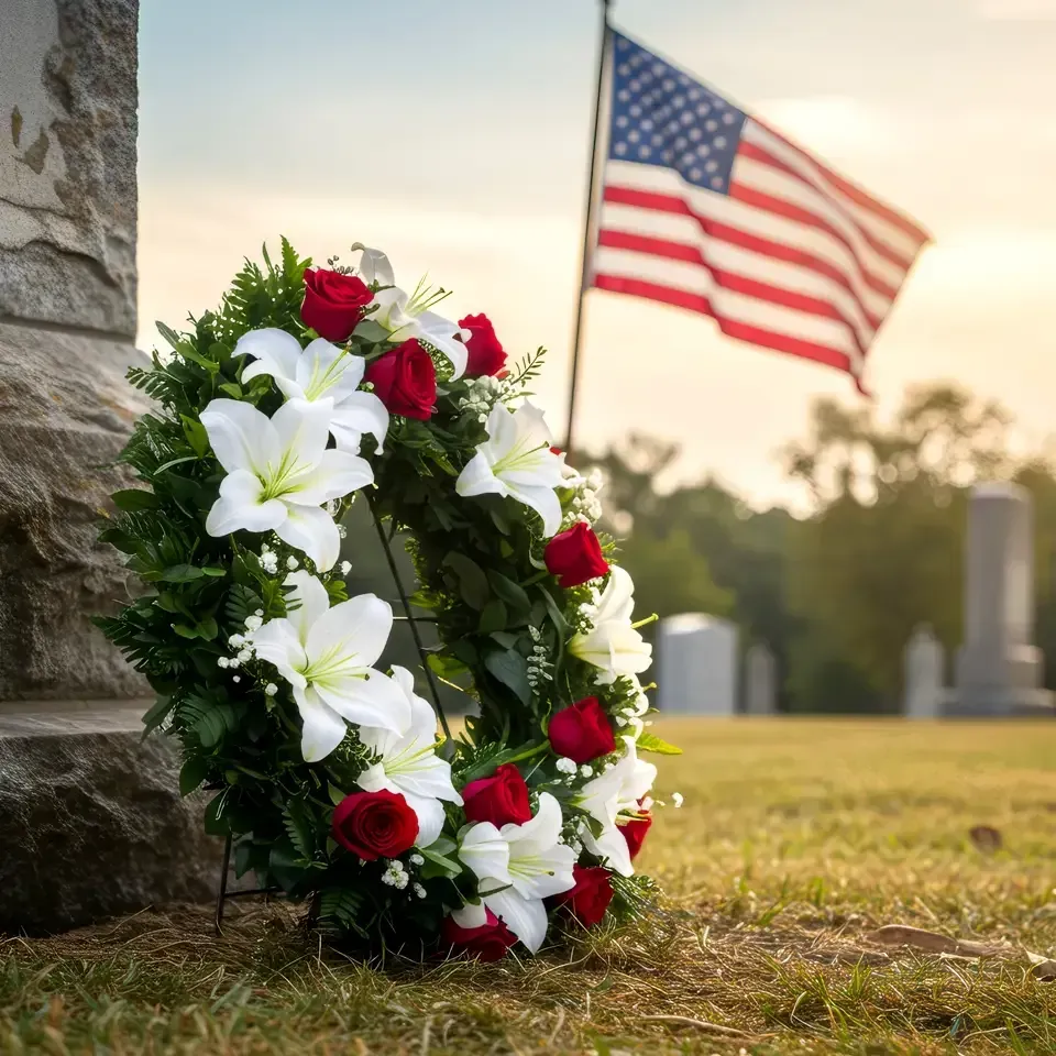 Wreath of red and white flowers by a gravestone, with an American flag in the background.