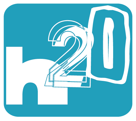 White "h20" on a teal background. The "0" has a white, uneven border.
