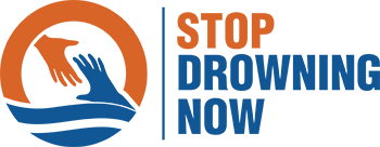 A stop drowning now logo with a hand reaching out into the water.