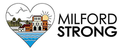 A logo for milford strong with a heart and buildings on it.