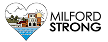 A logo for milford strong with a heart and buildings on it.