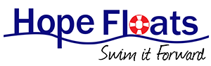 The logo for hope floats is blue and white and says `` swim it forward ''.