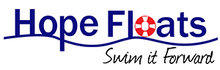 The logo for hope floats is blue and white and says `` swim it forward ''.