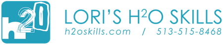 Logo for Lori's H2O Skills, teal and white, with website address and phone number.