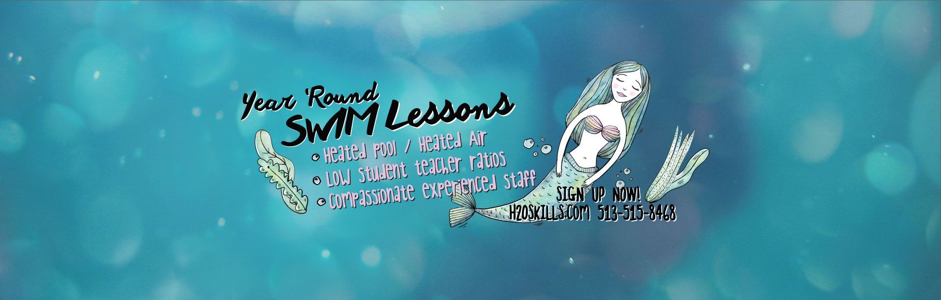 Banner for swim lessons with a mermaid illustration in a blue background.
