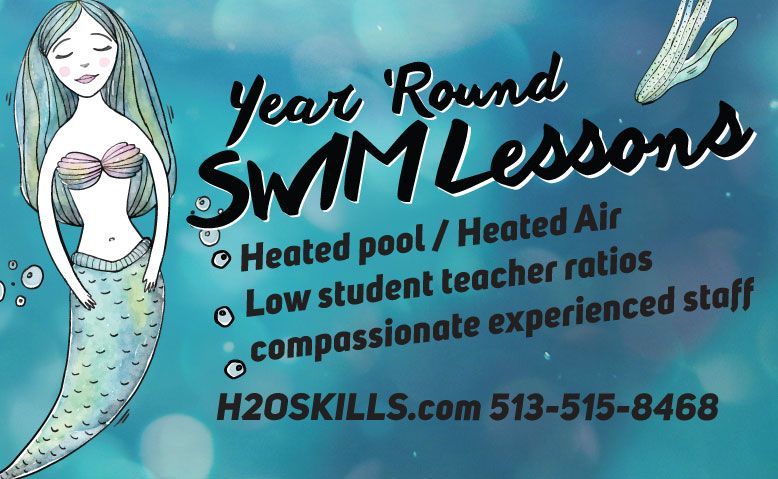 Banner for swim lessons with a mermaid illustration in a blue background.