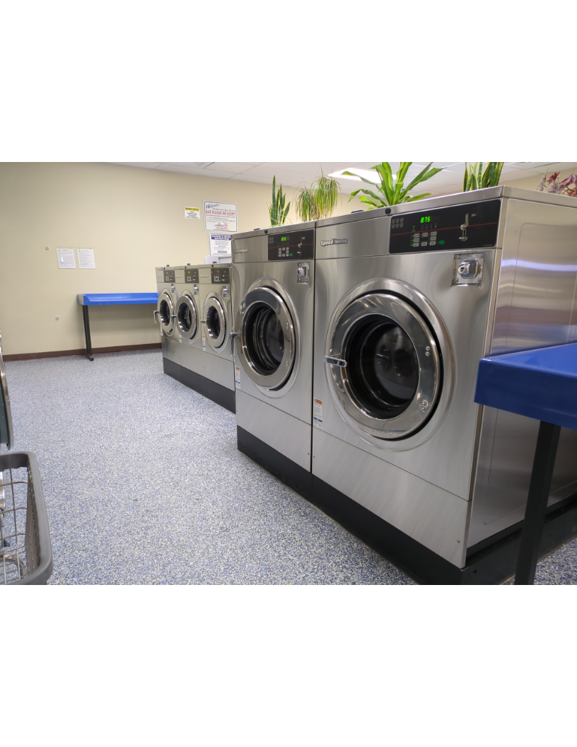 Row of washers showing for 20# and two 60# sized washers.  Stainless steel fronts.