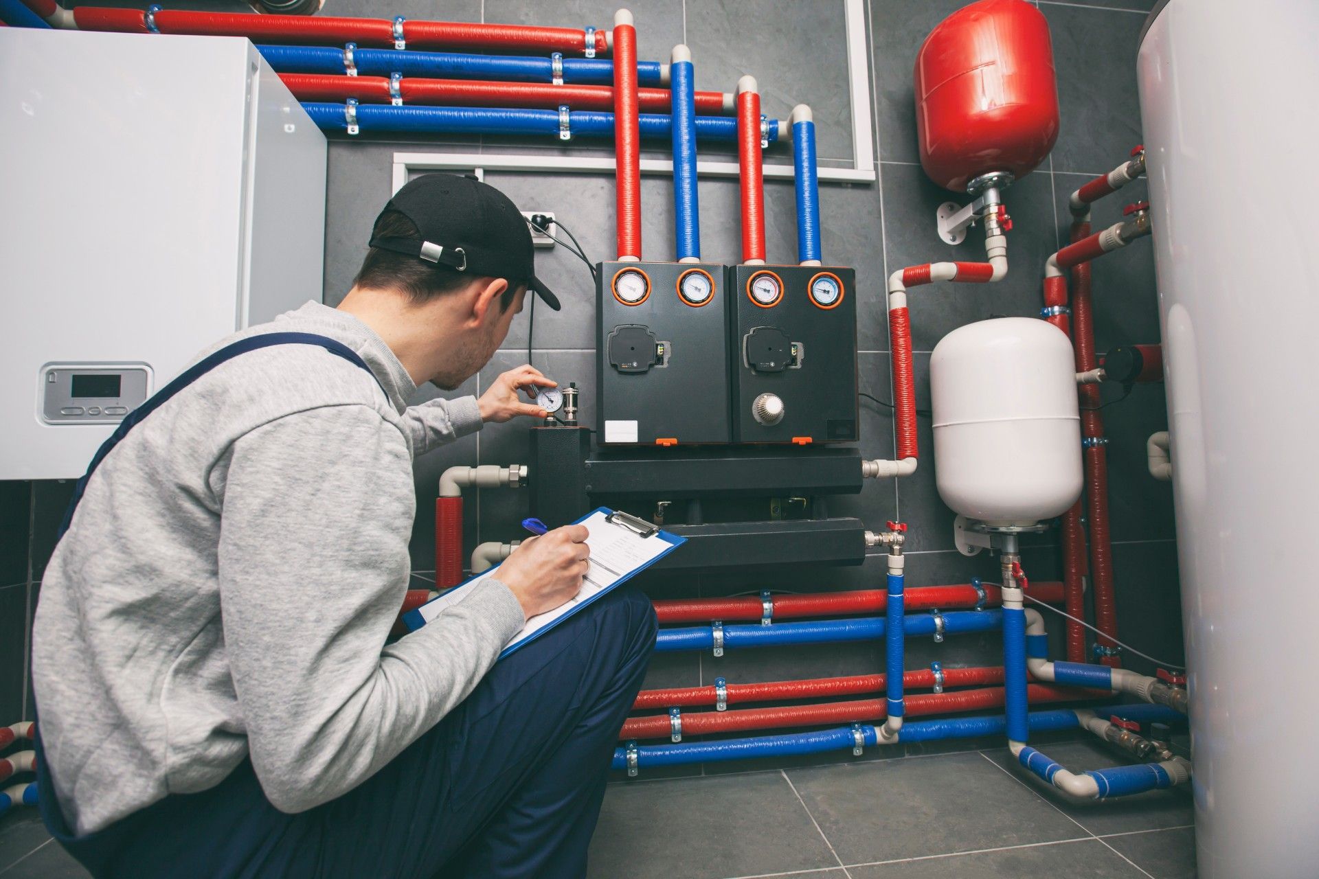 A man is kneeling down in a room with pipes and writing on a clipboard.